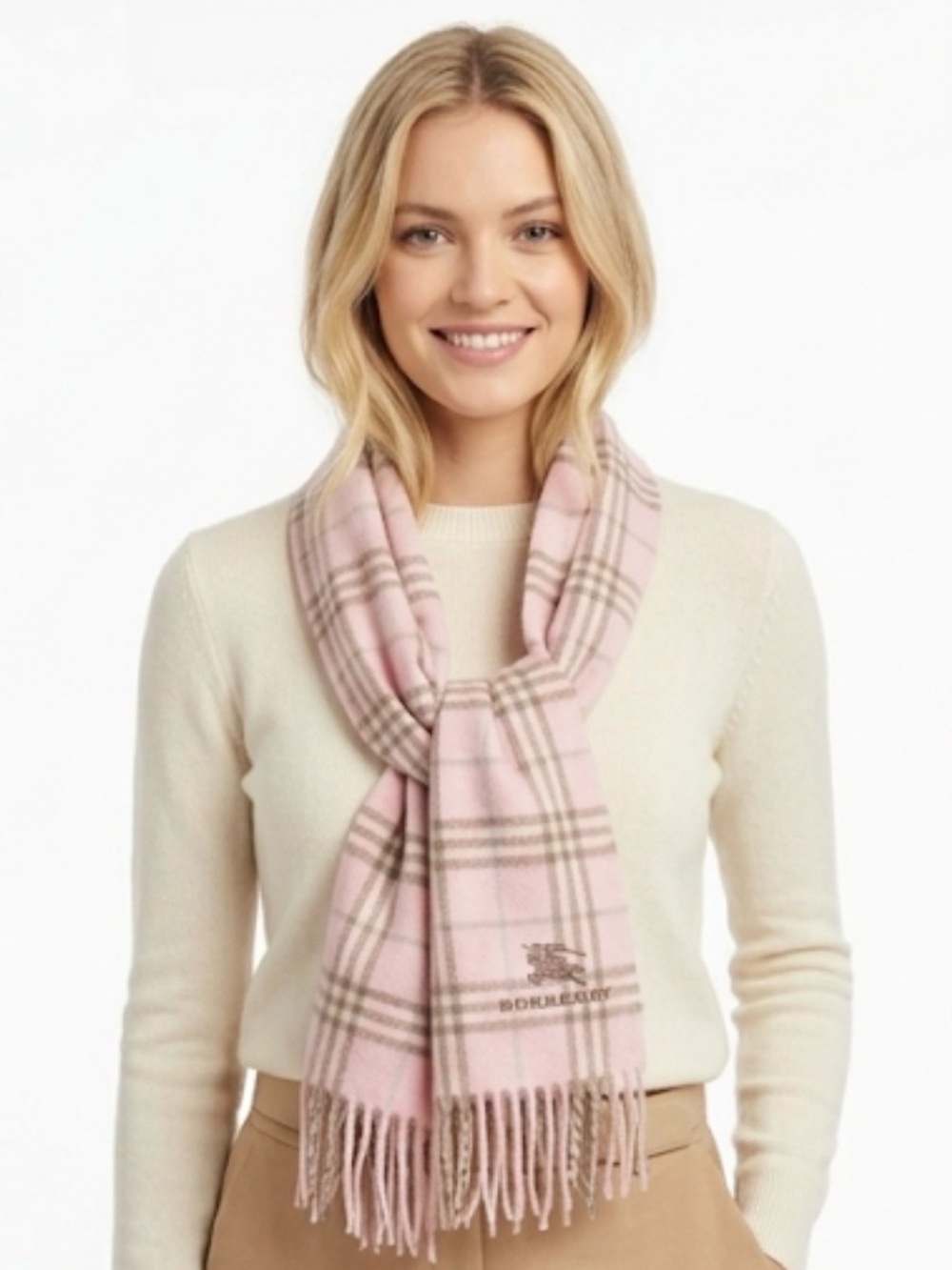 Vintage Burberry Pink Plaid 100% Lambswool Scarf Made in England